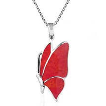 Flying Monarch Butterfly Red Coral Sterling Silver Necklace - £23.73 GBP