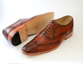 NEW  Handmade Men&#39;s Tan Color Leather Wing Tip Shoes, Men&#39;s Lace Up Formal New S - £115.80 GBP