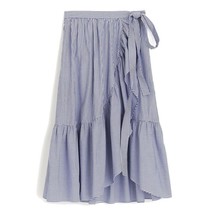 NWT  J.Crew Ruffle Wrap Skirt in Blue Shirting Stripe Cotton Poplin 10 - £77.67 GBP