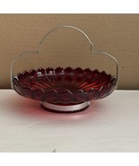 Imperial Glass Red Pillar Flutes Relish Sea Food Bowl w/ Metal Handle An... - £33.00 GBP