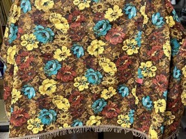 Vintage Mid Century 140” X 72&quot;  Barkcloth Fabric Tablecloth W/ Fringe 70s Colors - £39.16 GBP