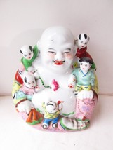 Large Vintage Chinese Porcelain Laughing Buddha With 5 Playing Children 12” - $71.94