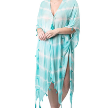 Boho Tie Dye Lightweight Tassel Cover Up Kimono Wrap Turquoise White - $28.71