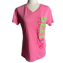 True Rock Embroidered Short Sleeve T Shirt M Pink V Neck Applique Letters - £10.53 GBP