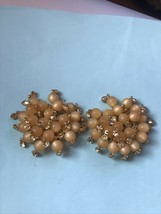 Vintage Huge Tan Beads w Tiny Clear Rhinestone Dangles Cluster Goldtone Clip Ear - £11.87 GBP