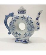 Asian Blue &amp; White Donut Shape Porcelain Teapot Floral with Dragon Handle - €10,96 EUR