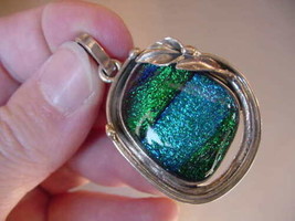 (#D-324) Dichroic Fused Glass Silver Pendant Teal Green Blue Wow - £67.83 GBP