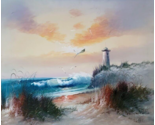 J THOMPSON Original Oil Painting BEACH LIGHTHOUSE SEAGULLS WAVES 20x24 v... - $95.00