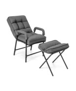 Linen Fabric Modern Accent Chair with Ottoman and Adjustable Backrest-Gr... - $117.59