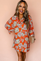 Red Floral Print Lapel Collar Loose Shirt Mini Dress - $18.22