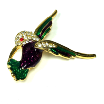 Vintage Rhinestone Enamel Hummingbird Green &amp; Purple Brooch Pin  - $19.00
