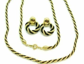 Woman Necklace &amp; Earrings Stud Post Set Gold Tone &amp; Black Twisted Chain Estate - £11.64 GBP