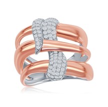 Sterling Silver Two-Tone Triple Wave Design Intertwined Micro Pave Ring - £66.06 GBP