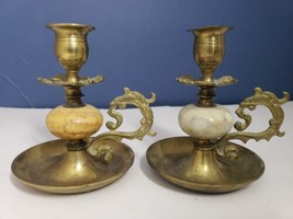 Vintage Brass &amp; Marble ball Pair of 2 Candlestick Unique Finger Handle - £27.13 GBP