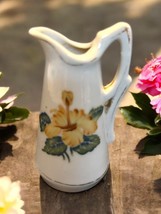 Vintage Japanese Small Porcelain Pitcher Yellow Hibiscus Flower Gold tri... - $14.80