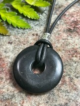 Shungite Donut Pendant Necklace Unisex Pi Stone 30mm Leather Cord Protection - £23.52 GBP