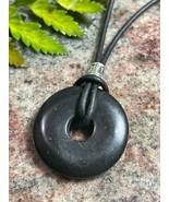Shungite Donut Pendant Necklace Unisex Pi Stone 30mm Leather Cord Protec... - $34.59 CAD