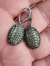 Green Crystal &amp; Marcasite Oval Sterling Silver Earrings by Marc -Turtles&#39; Shell - £27.68 GBP