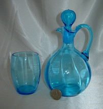 Vintage BLUE ART GLASS Decanter Jug w/ Stopper &amp; Glass Cup (Czechoslovakia) - £23.04 GBP