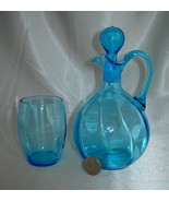 Vintage BLUE ART GLASS Decanter Jug w/ Stopper &amp; Glass Cup (Czechoslovakia) - £23.39 GBP