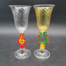 Two MCM Murano Venetian Art Glass Goblets Stem Yellow Swirl Hand Blown I... - £52.58 GBP