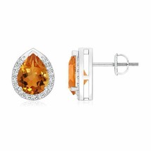 Citrine Pear-Shaped Halo Earrings with Diamond in 14K Gold (Grade-AAA , 8x6MM) - £791.43 GBP