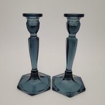 Two c.1920s Fenton Florentine #449 Smokey Blue Stretch Glass Candlestick Set - £38.91 GBP