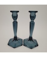 Two c.1920s Fenton Florentine #449 Smokey Blue Stretch Glass Candlestick... - $49.49