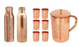 Handmade Copper Hammered Bottle Water Pitchers Jug 6 Drinking Tumbler Se... - £60.36 GBP