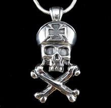 Handcrafted 925 Sterling Silver SKULL &amp; CROSSBONES Iron Cross Pirate Pendant - £32.00 GBP