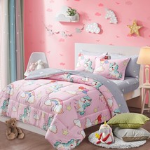 Kids Girls Bed In A Bag 6 Pieces Twin Size Unicorn Pink Colorful Comforter Set - - £76.17 GBP