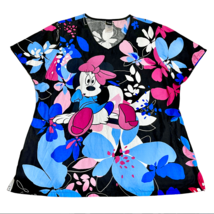 Disney Minnie Mouse Scrub Top Shirt Black Pink Blue Floral Womens Sz XL Vibrant - £17.36 GBP