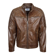 DR158 Men&#39;s Classic Quilted Biker Leather Jacket Brown - £130.22 GBP