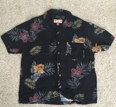 CARIBBEAN JOE Men&#39;s MEDIUM Hawaiian Shirt 100% Rayon Black Floral Short ... - £20.44 GBP
