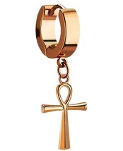Dangling Egyptian Ankh Cross Rose Gold Tone Stainless Steel Huggie Hoop Earring - £11.28 GBP