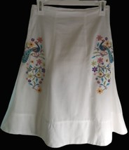 OUT EMBROIDERED PEACOCKS SKIRT FLORAL ZIP SIDE COTTON LINED WHITE SZ S  - £10.25 GBP