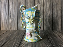 Art Porcelain Vase - Handmade Hand Painted W/ blue &amp; yellow 3D Flower Decor - $64.05