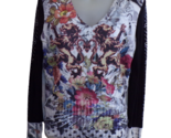 ALBERTO MAKALI Lion/Crown Print Sweater Sheer Embellished Sleeves sz S - £18.74 GBP