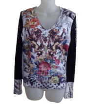 ALBERTO MAKALI Lion/Crown Print Sweater Sheer Embellished Sleeves sz S - £18.63 GBP
