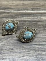 Vintage Sarah Coventry Gold Tone Faux Turquoise Clip On Earrings Art Dec... - $9.89