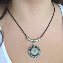 Leather necklace, coin necklace, statement leather necklace (245) - £12.59 GBP