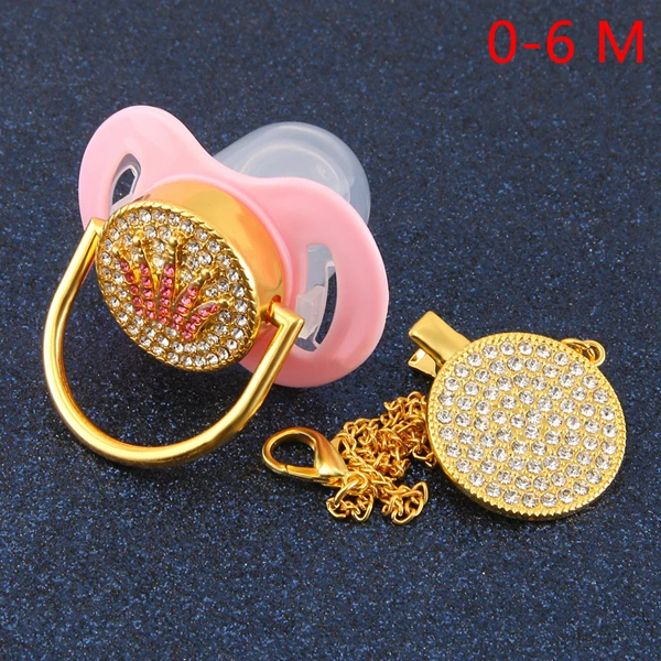 Bling Bling Pink Crown Rhinestones Baby Pacifier With Chain Holder Clip ... - $33.01