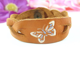LEATHER Braided BRACELET Vintage PAINTED BUTTERFLY Handcrafted Blue Whit... - £15.51 GBP