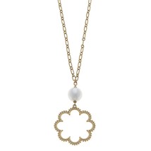 Belle Studded Flower and Pearl Necklace in Worn Gold - £15.92 GBP