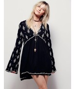 Free People Black Diamond Floral Embroidered Boho Gauze Crinkle V Neck T... - $49.49