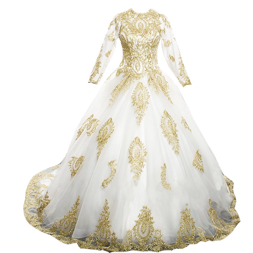 Kivary Vintage Sheer Long Sleeves High Neck Ball Gown Gold Lace Prom Wedding Dre