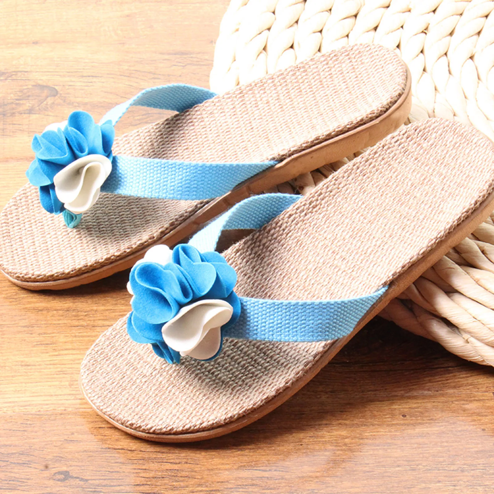 Flax Linen Slippers Women Bohemia  Flip Flops Beach Shoes Sandals Casual Woman N - £30.83 GBP