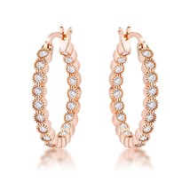 Rose Gold Plated Dotted Clear CZ Round Bezel Hoop Earrings - $641.75 MXN