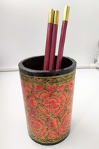 Paper Mache Pen Stand Holder Round Red flower design India Kashmir Art New - £14.37 GBP