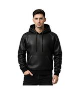Winter Warm Pullover Streetwear Men's Black Real Leather Handmade Hooded... - $159.00